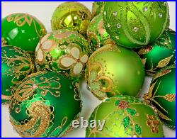 Handmade Glass Christmas Ornaments Set of 20 Green Gold Holiday Decor