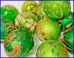 Handmade Glass Christmas Ornaments Set of 20 Green Gold Holiday Decor