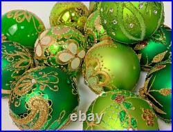 Handmade Glass Christmas Ornaments Set of 20 Green Gold Holiday Decor