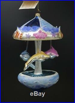Italian Mercury Glass Carousel XL Christmas Ornament Dolphins Radko Style Nib