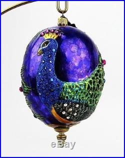 JAY STRONGWATER SAFARI PEACOCK OVAL EGG GLASS CHRISTMAS ORNAMENT NEW BOX WithSTAND