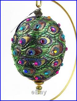 JAY STRONGWATER SAFARI PEACOCK OVAL EGG GLASS CHRISTMAS ORNAMENT NEW BOX WithSTAND