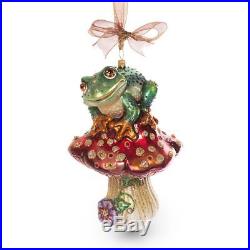 Jay Strongwater Frog on Mushroom Glass Christmas Ornament New in Jay Box
