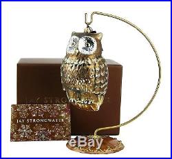 Jay Strongwater Gilded Owl Large Glass Christmas Ornament New Box