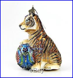 Jay Strongwater Jubilee Tiger With A Ball Glass Christmas Ornament New Box