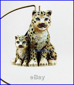 Jay Strongwater Safari Mom & Baby Snow Leopards Glass Christmas Ornament New Box