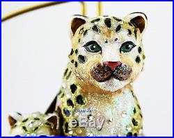 Jay Strongwater Safari Mom & Baby Snow Leopards Glass Christmas Ornament New Box