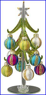 LSArts Glass Christmas Tree with 12 Ornaments Green Stripes 8in Gift Box
