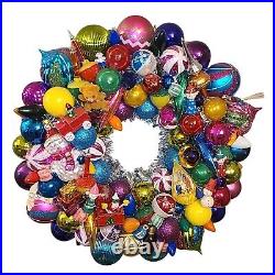 Large Handmade Vintage Christmas Ornament Wreath 22 Glass Plastic Wood OOAK