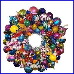 Large Handmade Vintage Christmas Ornament Wreath 22 Glass Plastic Wood OOAK