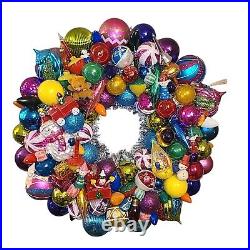 Large Handmade Vintage Christmas Ornament Wreath 22 Glass Plastic Wood OOAK