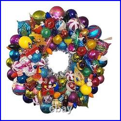 Large Handmade Vintage Christmas Ornament Wreath 22 Glass Plastic Wood OOAK