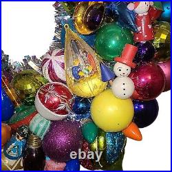 Large Handmade Vintage Christmas Ornament Wreath 22 Glass Plastic Wood OOAK