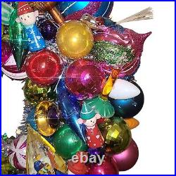 Large Handmade Vintage Christmas Ornament Wreath 22 Glass Plastic Wood OOAK