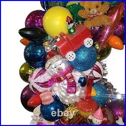 Large Handmade Vintage Christmas Ornament Wreath 22 Glass Plastic Wood OOAK