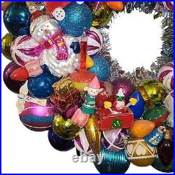 Large Handmade Vintage Christmas Ornament Wreath 22 Glass Plastic Wood OOAK