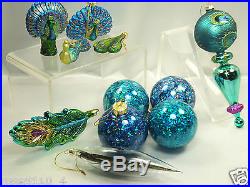 Large Set of 10 Pcs Peacock Theme Christmas Glass Ornaments Blues Greens NIB
