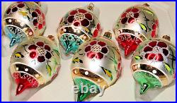 Lot 6 Vintage Modern Glass Stencil FLOWER Jumbo DROP Christmas Ornaments Poland