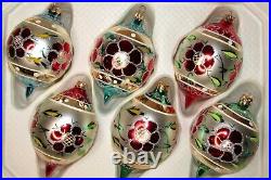 Lot 6 Vintage Modern Glass Stencil FLOWER Jumbo DROP Christmas Ornaments Poland