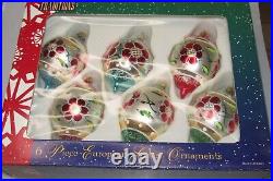 Lot 6 Vintage Modern Glass Stencil FLOWER Jumbo DROP Christmas Ornaments Poland