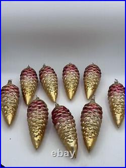 Lot Of 9 VTG Hand Blown Mercury Glass Pine Cone Ornament Copper/ Gold Germany