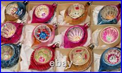 Lot VTG Glass Flower Embossed Indent Glitter Mica DROP Christmas Ornament Poland