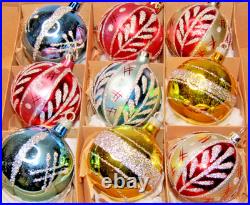 Lot VTG Glass Glitter Stencil FLOWER Pictured BALL Christmas Ornaments Brazil