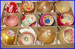 Lot VTG Glass Pictured BALL FLOWER Mica Indent Christmas Ornament Poland Germany