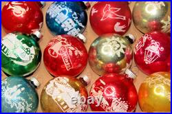 Lot VTG Glass Pictured CARRIAGE TRAIN SUN LANTERN MERRY BALL Christmas Ornaments