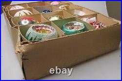 Lot VTG Glass Pictured DROP BALL FLOWER MIca Indent Christmas Ornaments Poland