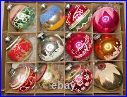 Lot VTG Glass Pictured GREETING BELL VILLAGE BALL Christmas Ornament Shiny Brite