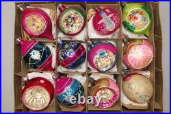 Lot VTG Glass Pictured HEART FLOWERS SNOWMAN Indent DROP BALL Christmas Ornament