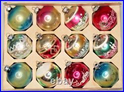Lot VTG Glass Pictured Stencil Mica Gradient BALL Christmas Ornament Shiny Brite