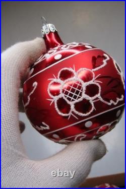 Lot VTG Modern Glass Pictured Glitter FLOWER Jumbo 4 BALL Christmas Ornament #3