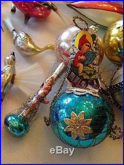 Lot Vintage glass Christmas Ornaments Indents Figural Wire Poland Germany Mica