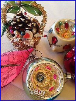 Lot Vintage glass Christmas Ornaments Indents Figural Wire Poland Germany Mica