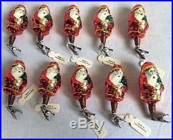 Lot of 10 Hand Blown Glass Christmas Santa Clip Ornament Made in Czechoslovakia