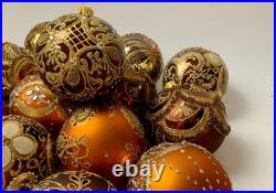 Luxury Set of 10 Gold Bronze Glass Baubles Handmade Holiday Collectibles