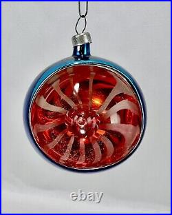 MCM Water Bubble Indent Reflector Starburst Red Blue Glass Christmas Ornament