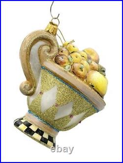 MacKenzie Childs Della Robbia Courtly Check Tea Cup Fruit Christmas Ornament