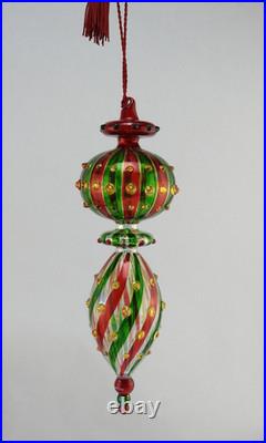 Marquis Waterford Red Green Venetian Striped Spire Glass Christmas Ornament Box