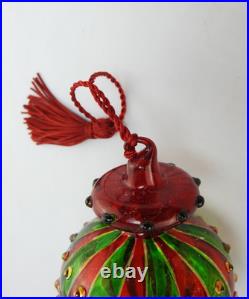 Marquis Waterford Red Green Venetian Striped Spire Glass Christmas Ornament Box