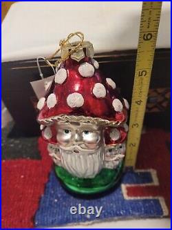 Mushroom Toadstool Santa Gnome Elfin Glass Christmas Ornament