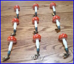 Nine Antique Glass Mushroom Clip-on Christmas Tree Ornament West Germany 1960'S