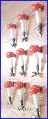 Nine Antique Glass Mushroom Clip-on Christmas Tree Ornament West Germany 1960'S