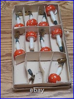 Nine Antique Glass Mushroom Clip-on Christmas Tree Ornament West Germany 1960'S