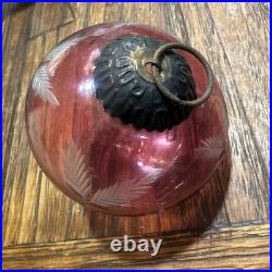 Old Antique Rare Engraved Flower Color Glass Kugel / Christmas Ornament Decor