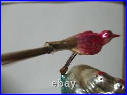 Old Glass Christmas Ornament Birds on Springs with Babies in Nest on Clip