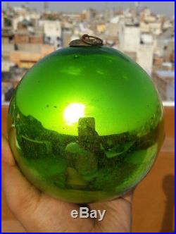 Old Vintage Original German 4.5'' Heavy Glass Green Big Kugel Christmas Ornament