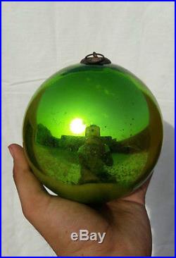 Old Vintage Original German 4.5'' Heavy Glass Green Big Kugel Christmas Ornament